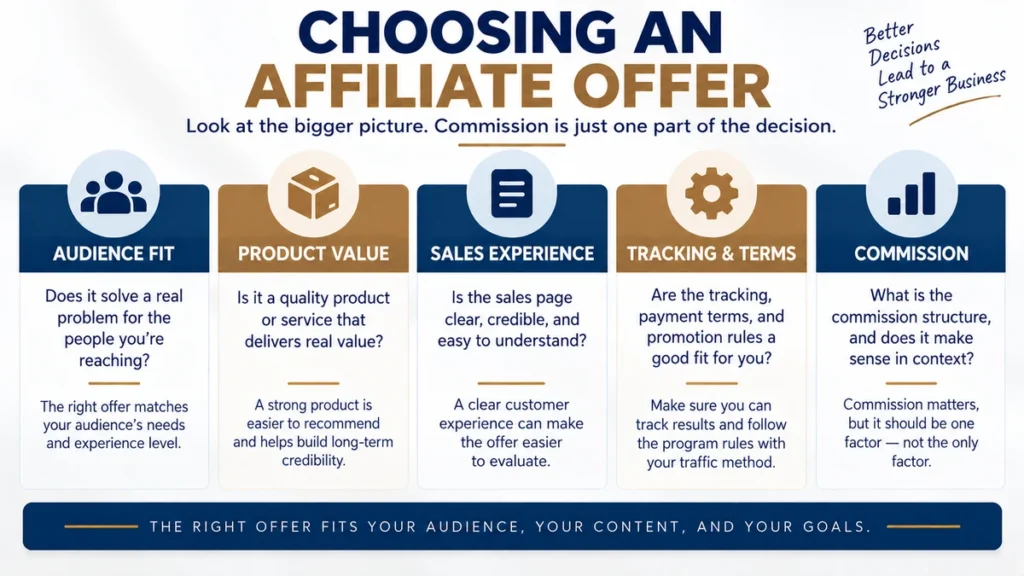 How to choose an affiliate offer using audience fit, product value, sales experience, tracking and terms, and commission