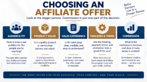 How to choose an affiliate offer using audience fit, product value, sales experience, tracking and terms, and commission