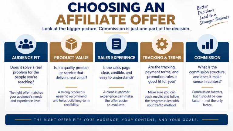 How to choose an affiliate offer using audience fit, product value, sales experience, tracking and terms, and commission