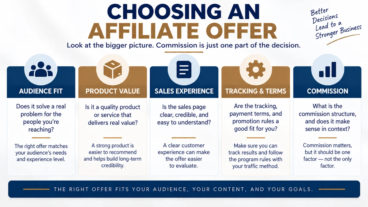 How to choose an affiliate offer using audience fit, product value, sales experience, tracking and terms, and commission