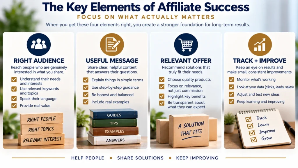 Four key elements of affiliate marketing success: right audience, useful message, relevant offer, and track and improve