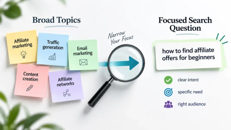 Keyword research for affiliate marketing showing broad topics narrowing into a focused search question