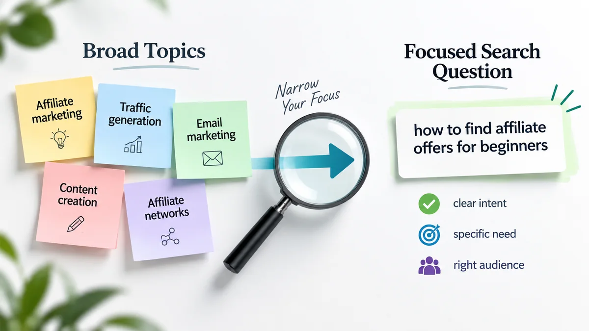 Keyword research for affiliate marketing showing broad topics narrowing into a focused search question