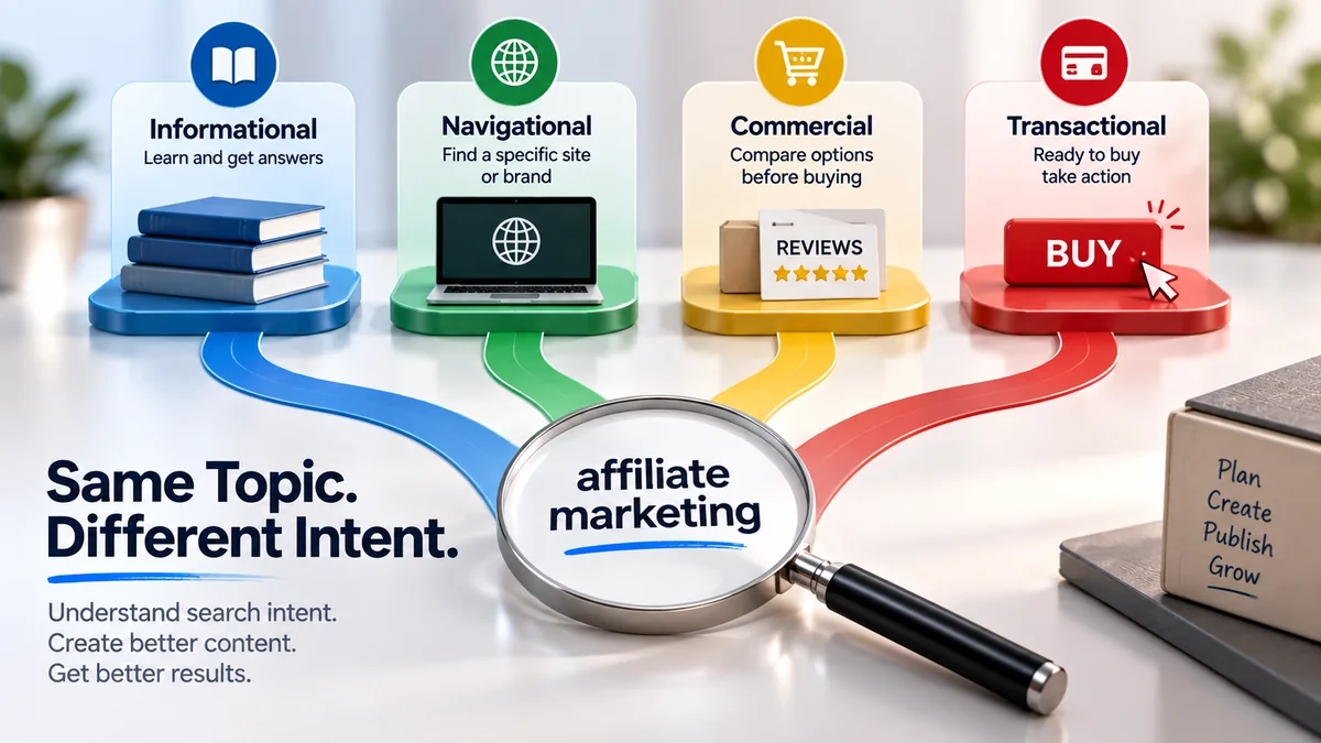 Keyword research for affiliate marketing showing informational, navigational, commercial, and transactional search intent