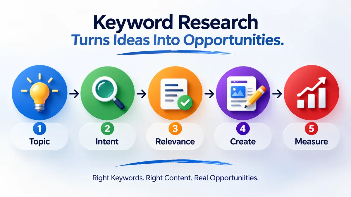 Keyword research for affiliate marketing process from topic and search intent to relevance, content creation, and measurement