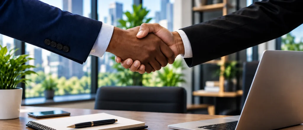 Business partners shaking hands in a professional office