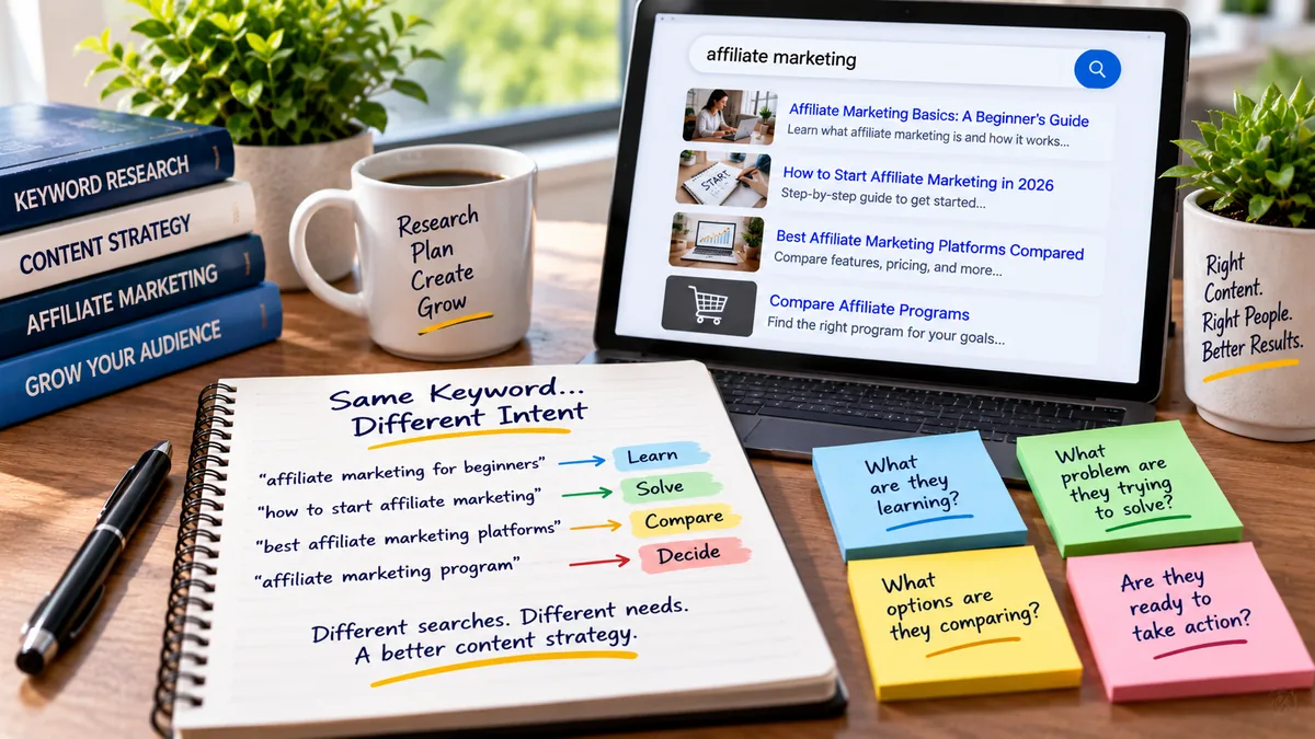 Search intent analysis workspace showing generic affiliate-related search queries, notes, and intent clues for learning, comparing, and deciding.