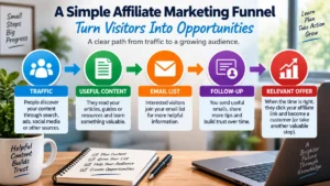 Simple affiliate marketing funnel showing traffic, useful content, email list, follow-up, and a relevant offer.