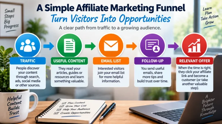 Simple affiliate marketing funnel showing traffic, useful content, email list, follow-up, and a relevant offer.