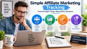 Simple affiliate marketing tracking visual showing a marketer at a laptop and a four-step path from traffic source to website, affiliate link, and sale result.