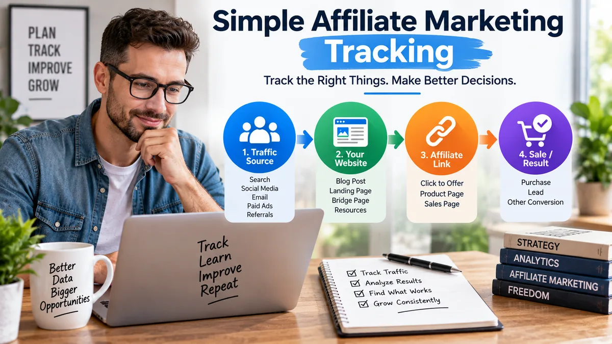 Simple affiliate marketing tracking visual showing a marketer at a laptop and a four-step path from traffic source to website, affiliate link, and sale result.