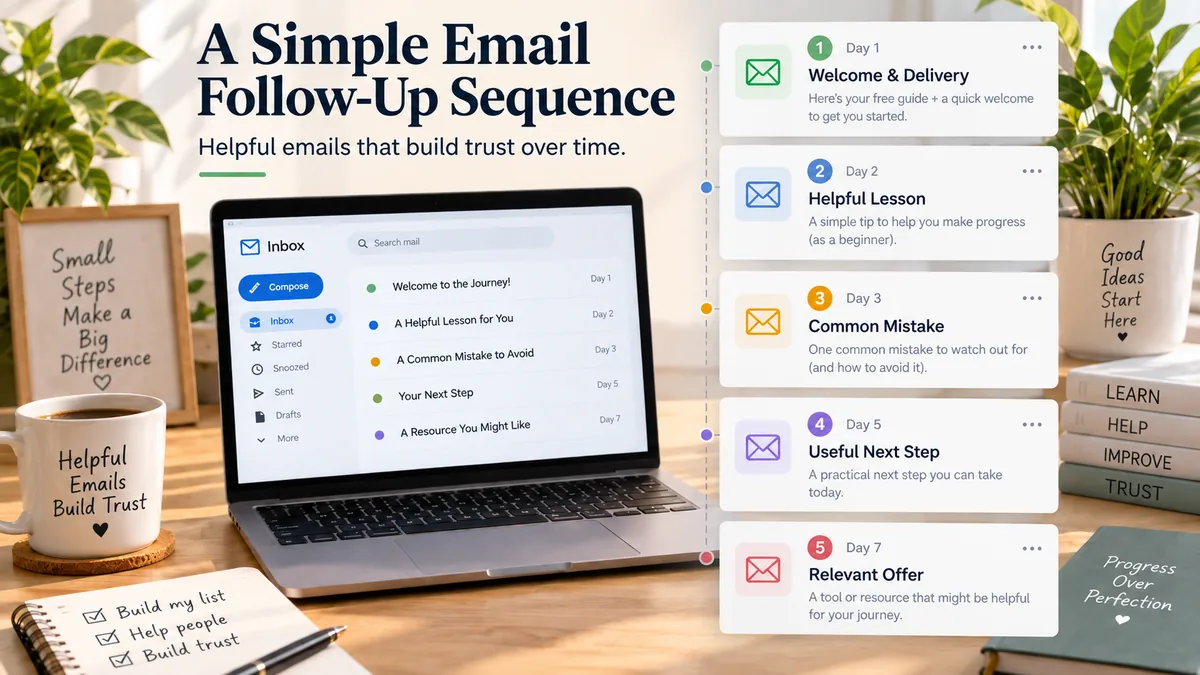 Simple email follow-up sequence shown through an inbox workspace with welcome, lesson, mistake, next step, and relevant offer emails.