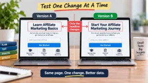 A/B test showing two affiliate campaign pages where only the headline changes