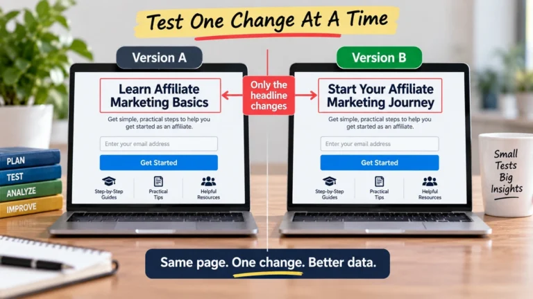 A/B test showing two affiliate campaign pages where only the headline changes