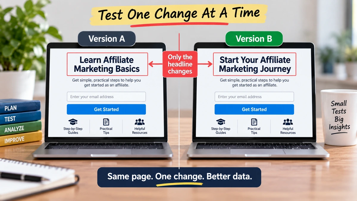 A/B test showing two affiliate campaign pages where only the headline changes