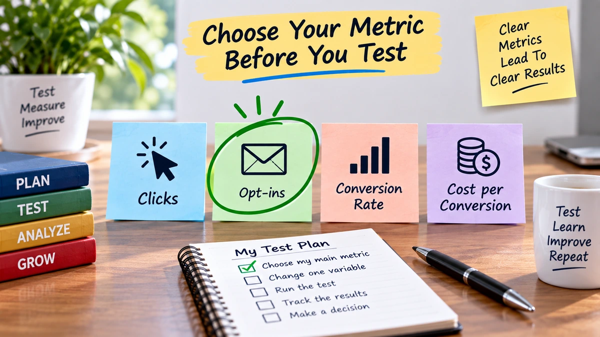 Affiliate campaign test plan showing opt-ins selected as the primary metric before testing