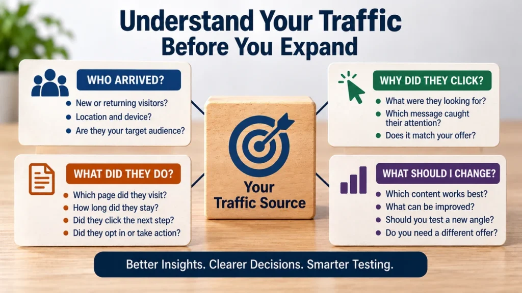 Traffic-source analysis graphic showing who arrived, why they clicked, what they did, and what to change