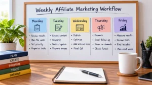 Weekly affiliate marketing workflow organized from Monday through Friday