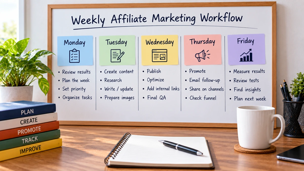 Weekly affiliate marketing workflow organized from Monday through Friday