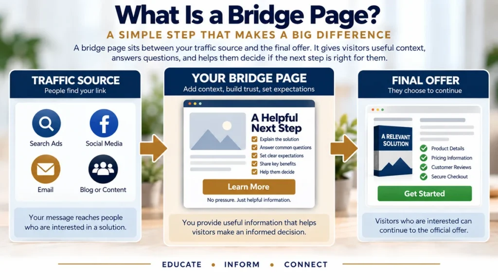 Bridge page in affiliate marketing showing traffic source, bridge page, and final offer