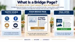 Bridge page in affiliate marketing showing traffic source, bridge page, and final offer