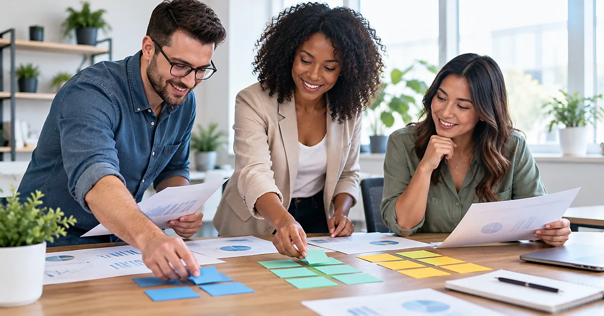 Three colleagues organizing colored cards and reviewing charts during a subscriber segmentation planning session.