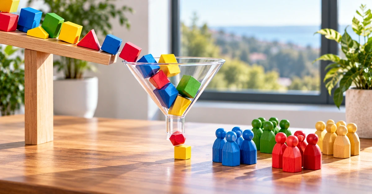 Colorful blocks moving through a funnel toward grouped audience figures representing affiliate offer funnel review