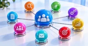 Central content hub connected to supporting topic nodes representing an affiliate content cluster