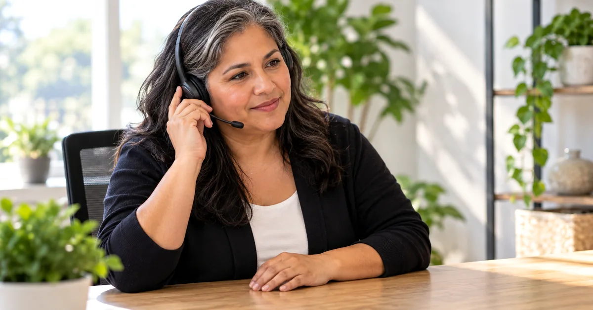 Woman wearing a headset listening attentively at a desk in a bright, modern office.