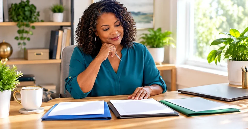 Professional woman in a teal blouse reviewing paperwork and folders at a bright office desk while researching training options.