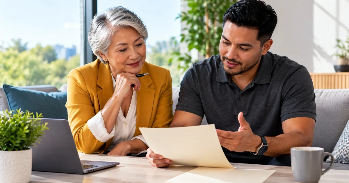 Older Asian woman in a mustard blazer and younger man in a charcoal polo reviewing a document together in a bright office.