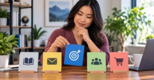 Woman choosing a target card from several possible actions, illustrating how an affiliate blog should focus on one primary call to action.