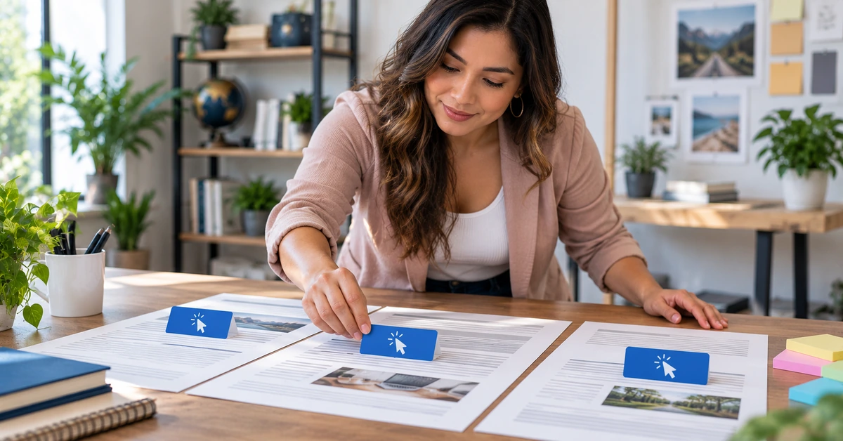 Woman arranging the same call-to-action card at several points across article layouts, illustrating how one primary CTA can be repeated where useful.