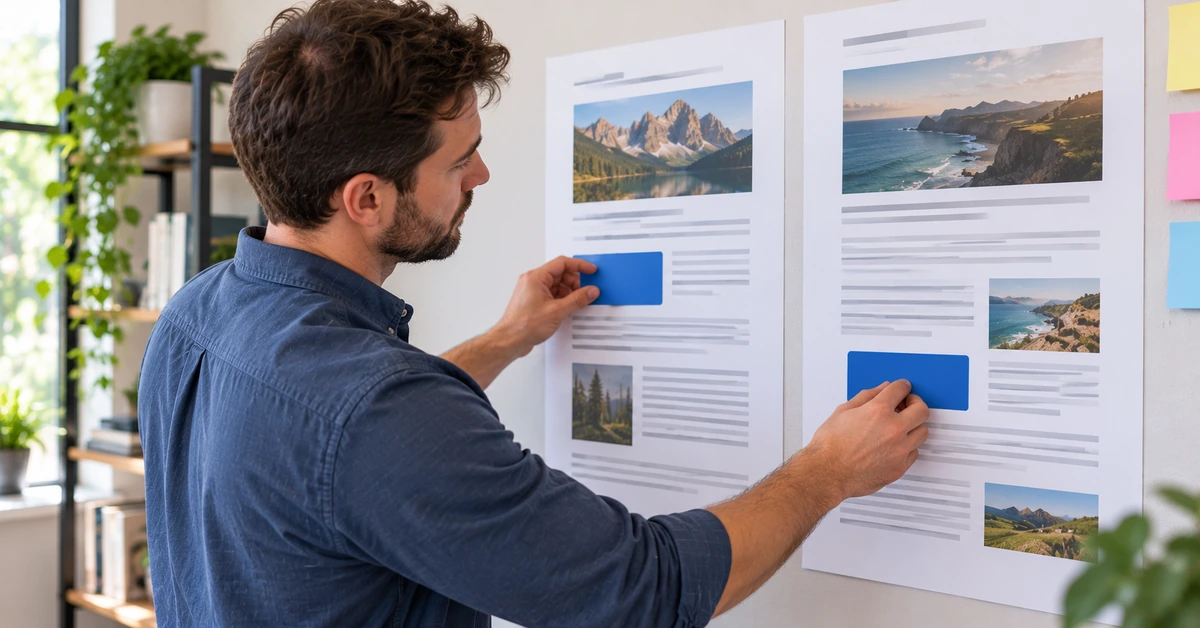 Editor comparing two article layouts and testing different call-to-action placements on printed page mockups.