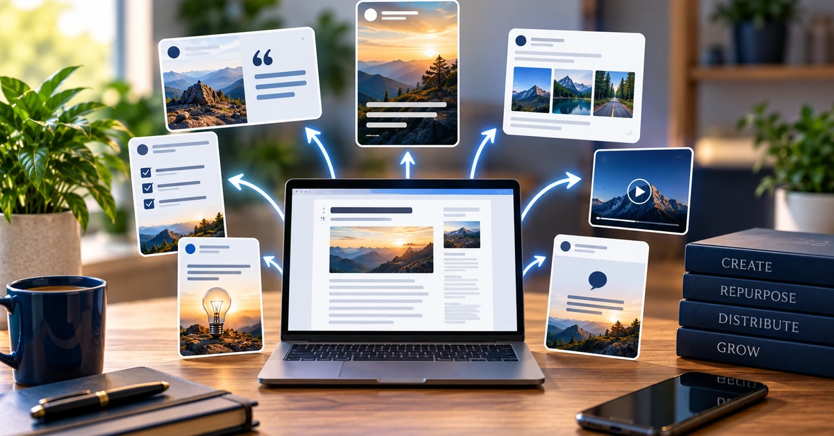 One affiliate blog post branching into multiple social content formats for repurposing and distribution.
