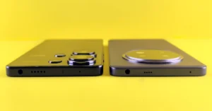 Two smartphones shown side by side on a bright yellow background, representing an affiliate product comparison