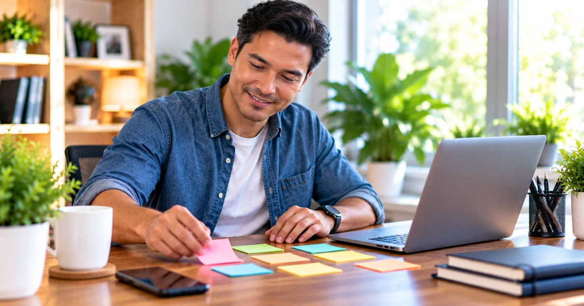 Affiliate marketer organizing content ideas at a desk to support a consistent email schedule