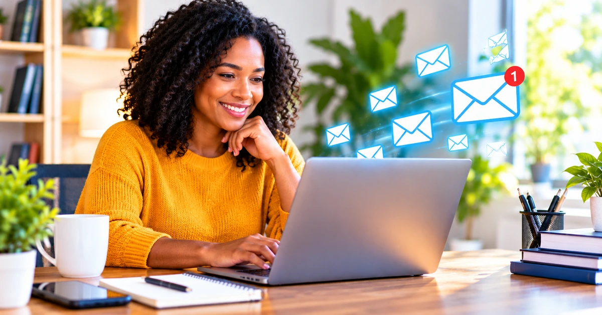 Affiliate marketer working on a laptop with email notification icons representing consistent email frequency