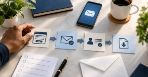 Four-step email signup funnel showing registration, email confirmation, subscriber verification, and resource delivery.