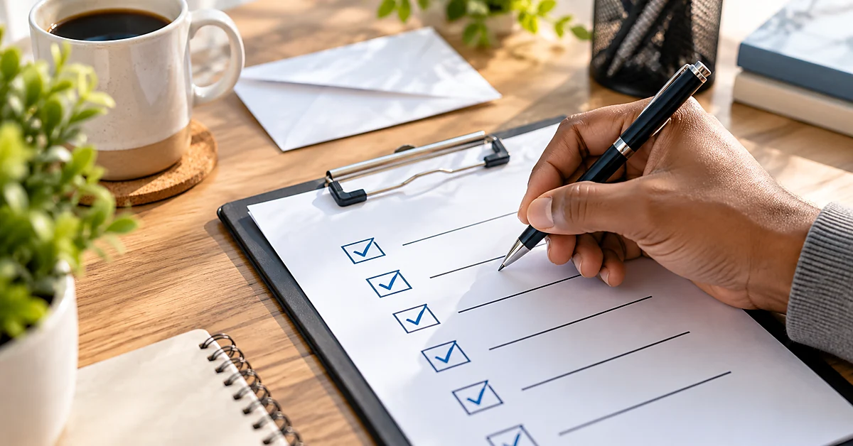 Hand using a pen to review a completed checklist on a clipboard before launching an email marketing funnel.