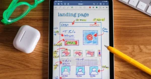 Tablet displaying a landing page wireframe used to plan a focused affiliate marketing funnel.