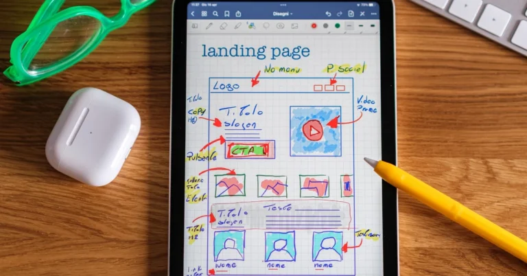 Tablet displaying a landing page wireframe used to plan a focused affiliate marketing funnel.