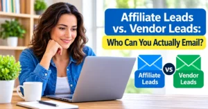 Smiling woman using a laptop beside a blue and green graphic comparing affiliate leads and vendor leads.