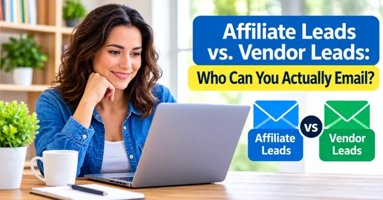 Smiling woman using a laptop beside a blue and green graphic comparing affiliate leads and vendor leads.