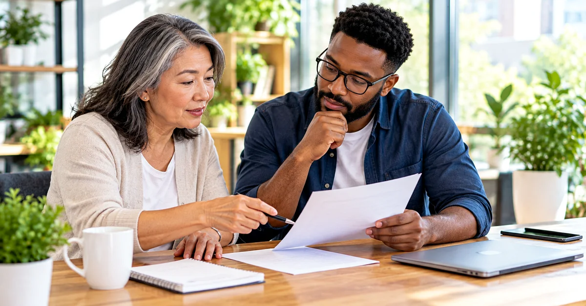 Older Asian woman and younger Black man reviewing a printed document together at a sunlit office desk with a laptop and notebook.
