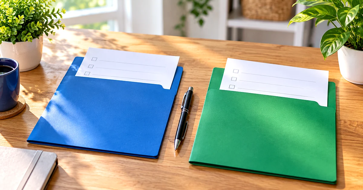 Two separate blue and green folders holding blank checklist forms on a sunlit wooden desk, with a pen between them.