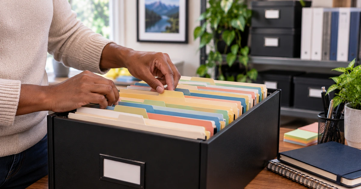 Person sorting color-coded folders in an organized file box, illustrating a structured system for managing affiliate links across a growing blog.