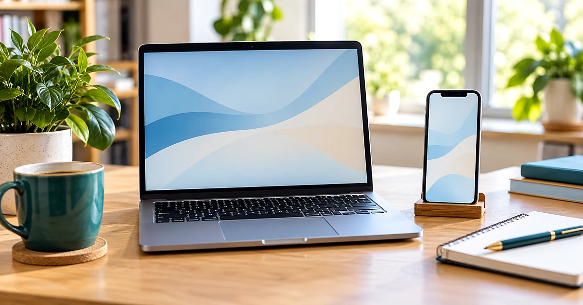 Silver laptop and smartphone displaying matching blue abstract screens on a sunlit desk with a notebook, coffee mug, and plants.