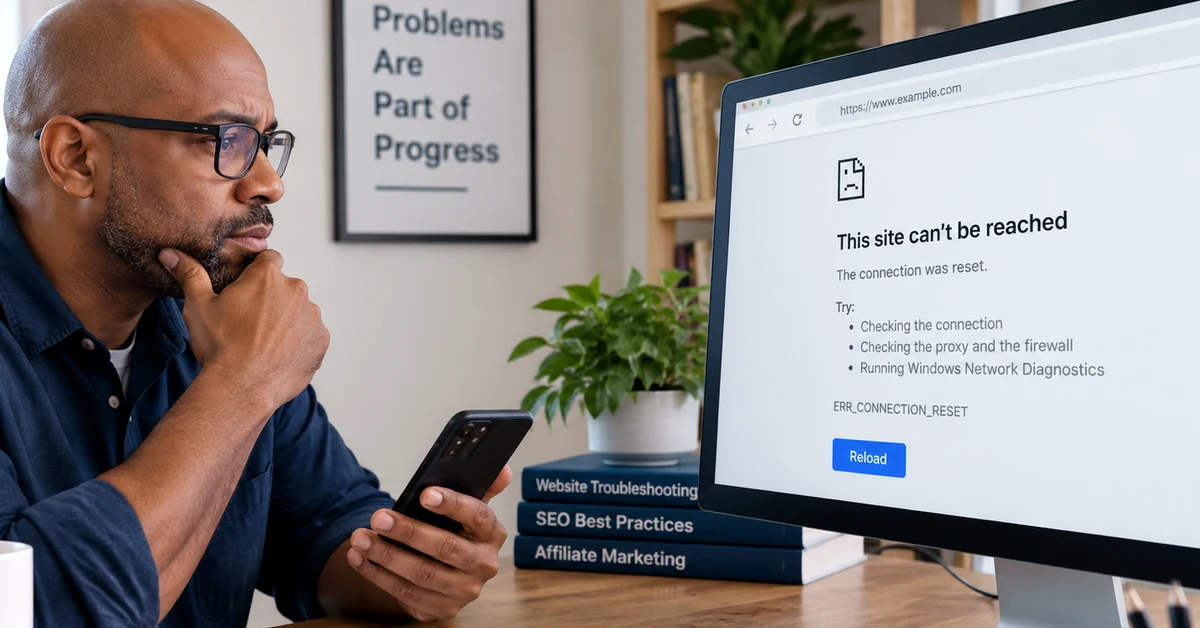 Man in a navy shirt holding a smartphone beside a desktop monitor displaying an illustrative browser connection error.