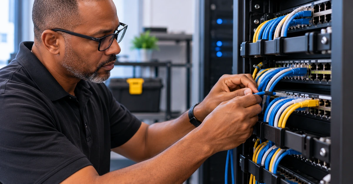 Technician checking network cable connections in a server rack, illustrating the importance of testing and maintaining affiliate links.
